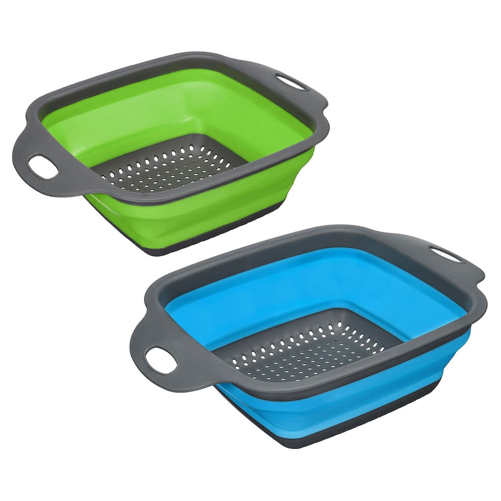 Collapsible Colander 2 Size Silicone Square Strainer - blue green - 29cm x 22cm x 9cm