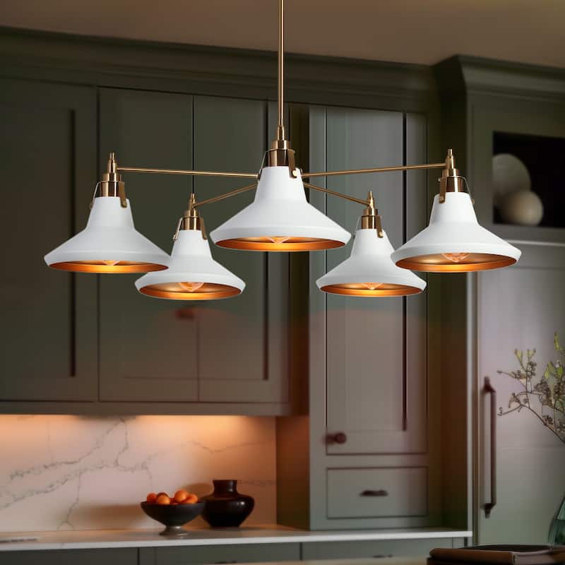 Modern 5-Light Gold Wagon Wheel Chandelier White Metal Shade Pendant Lights for Dining Room - 33" D x 9" H