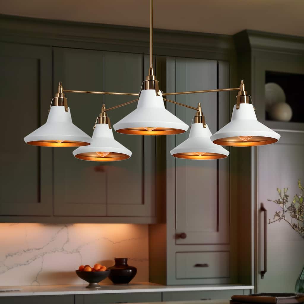 Modern 5-Light Gold Wagon Wheel Chandelier White Metal Shade Pendant Lights for Dining Room - 33" D x 9" H