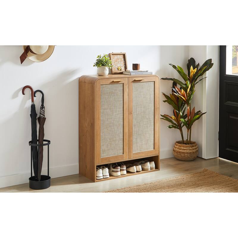 GDF Studio - Lindenwave Coastal Rattan and Wood Shoe Storage Cabinet with Adjustable Shelves