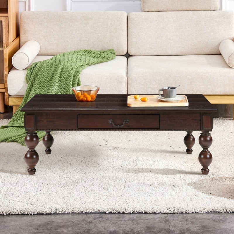 Rectangular 47" Wooden Coffee Table with Storage Drawer, Vintage Cocktail Table with Solid Wood Legs for Living Room Elegance