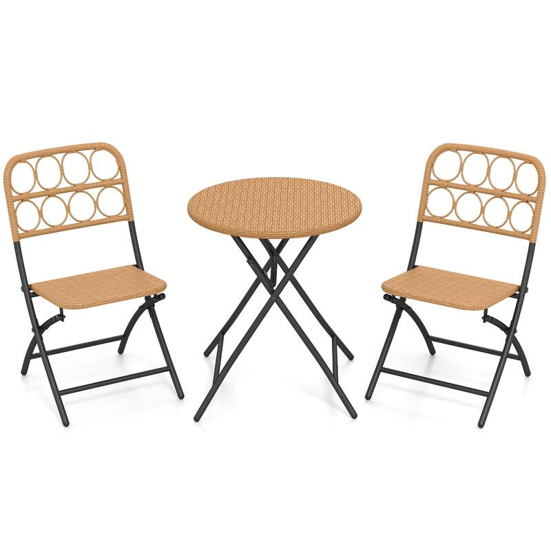 3-Piece Light Brown Wicker Patio Bistro Set with Folding Table and Chairs for Outdoor Dining - Table: 24"Dia x 28"H