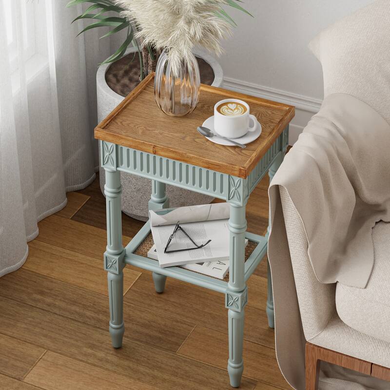 COZAYH French Country Distressed Accent Table, Espresso Tray Top and Woven Wicker Shelf, Boho, Farmhouse, Rustic Decor