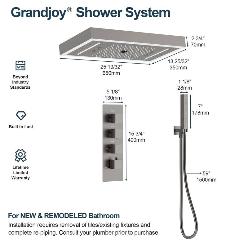 GRANDJOY Thermostatic Triple-Function LED Rain and Waterfall Shower System with Handheld and Built-In Music