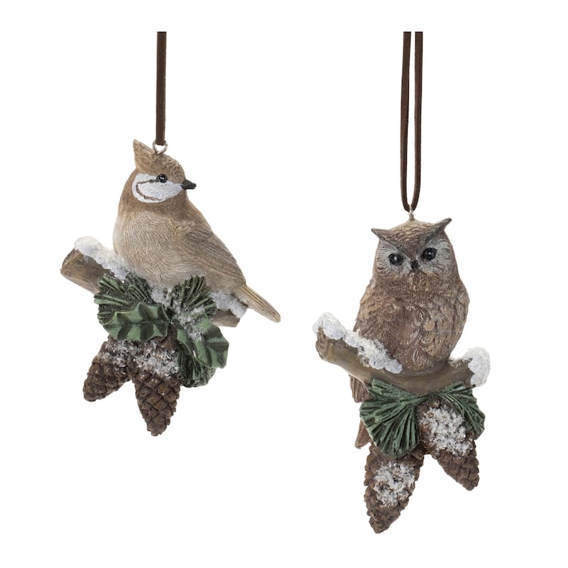 Set of 12 Cardinal and Owl Ornaments with Snow Pine Details - 4” x 3” x 3” - Green/Brown