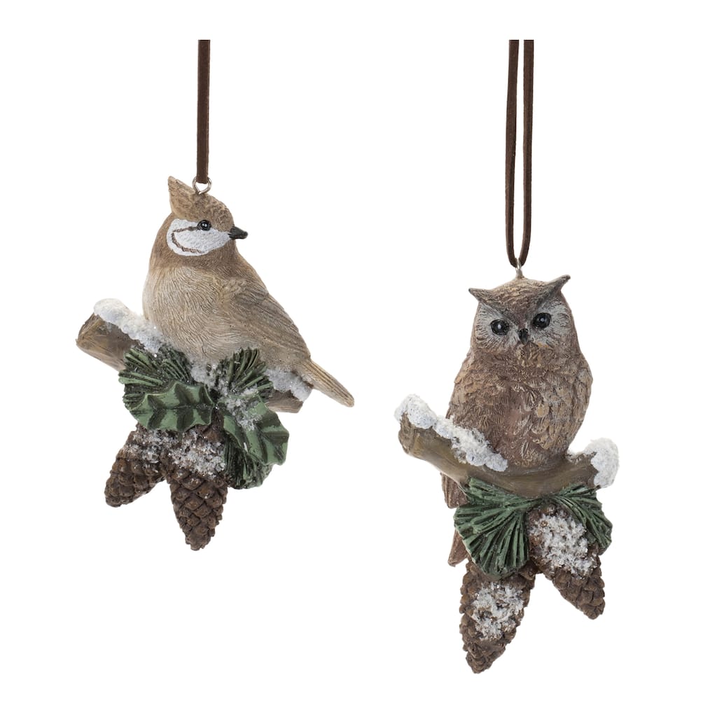 Set of 12 Cardinal and Owl Ornaments with Snow Pine Details - 4” x 3” x 3”