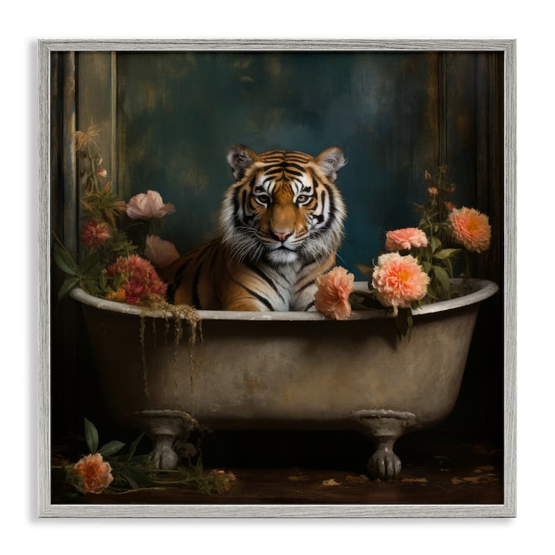 Stupell Tiger in Floral Bathtub Framed Giclee Art Design by Lazar Studio