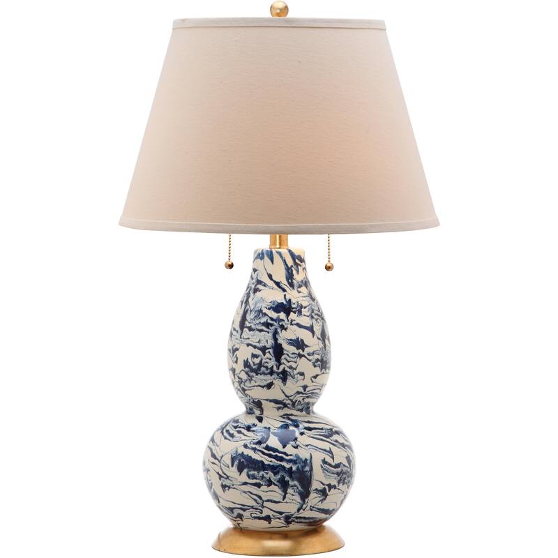 SAFAVIEH Lighting 29-inch Navy and White Color Swirls Glass Table Lamp (Set of 2) - 17"x17"x28"