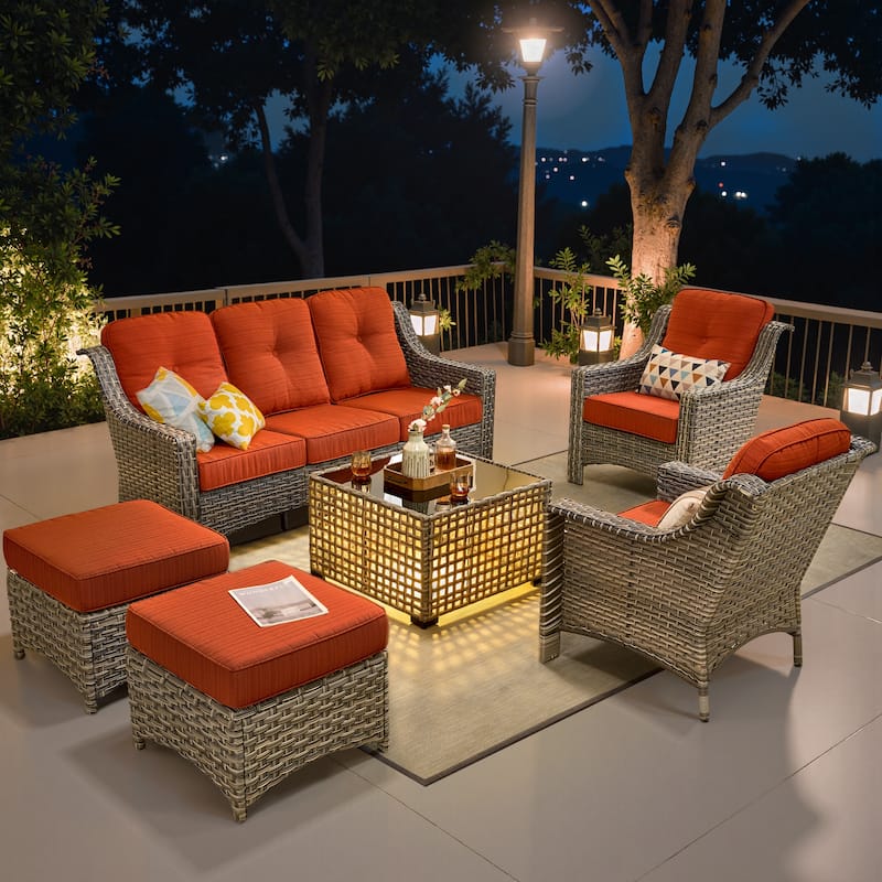 OVIOS 6 Pieces Outdoor Wicker Set With Solar-Powered Table - Orange/Red