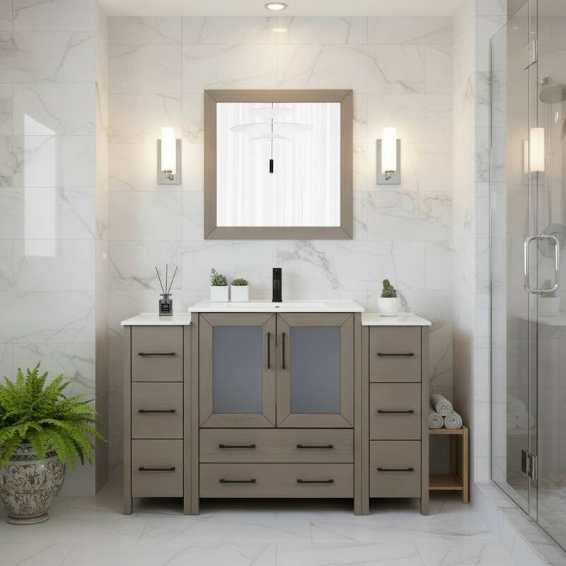 Vanity Art 54 Inch Single Sink Bathroom Vanity Set 8 Dove-Tailed Drawers 3 Cabinets 1 Shelf, Soft-Closing Doors with Free Mirror - Driftwood Gray