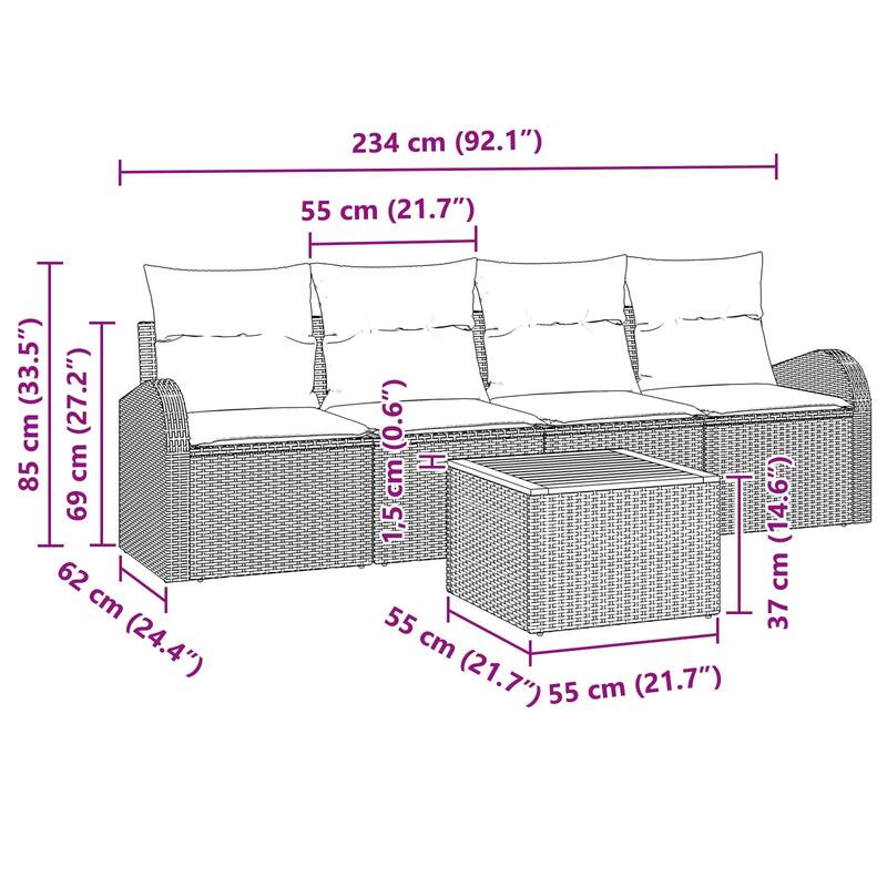 vidaXL 5 Garden Sofa Set with Cushions Black/Grey Poly Rattan - 92.1 x 24.4 x 27.2