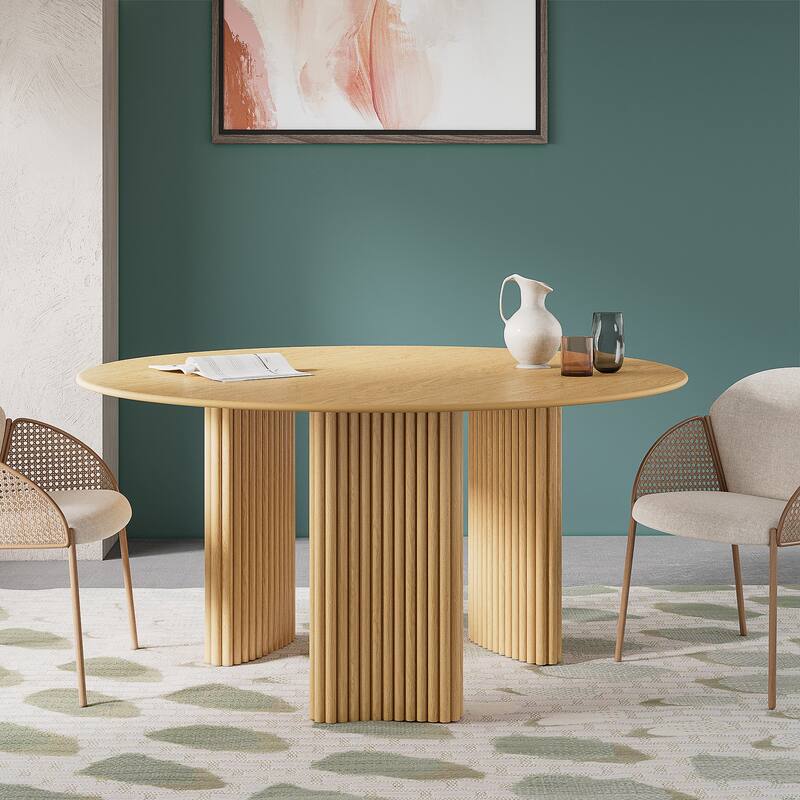 Modern Round Dining Table with Striped Column Legs Solid Wood Kitchen Table Anti-Scratch Footpads