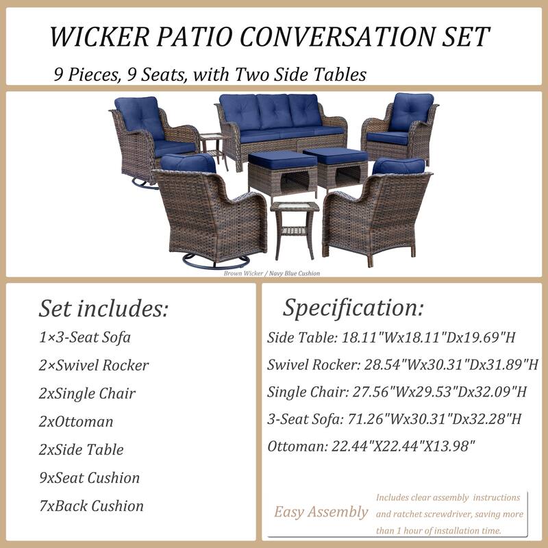 9 Piece Outdoor Wicker Patio Conversation Furniture Swivel Chairs Sets