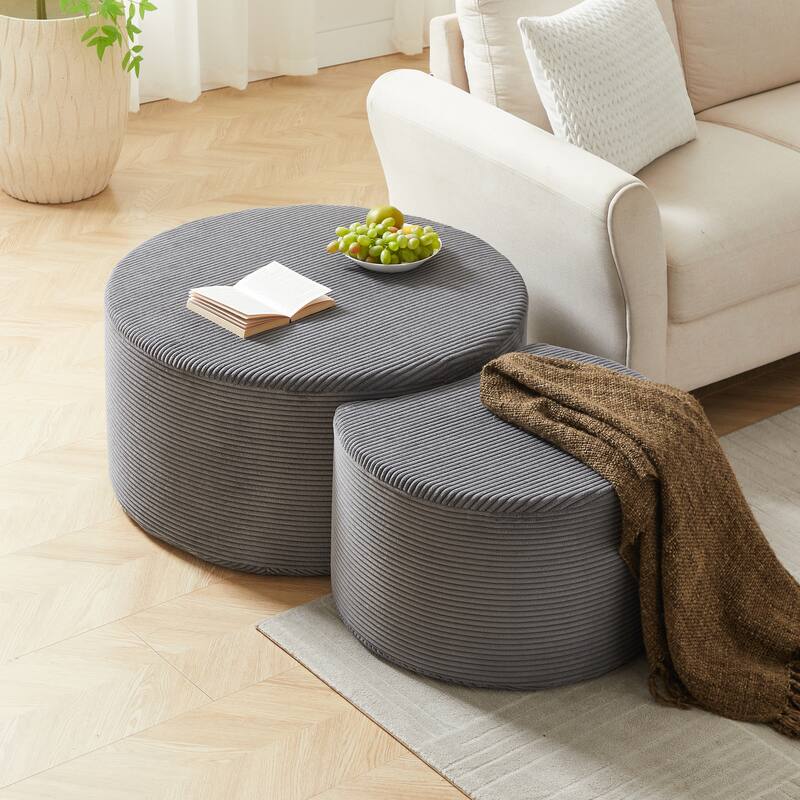 Nesting Tables Set of 2, Corduroy Upholstered Round Coffee Table and Crescent Moon Side Table Set of 2, End Tables Ottomans