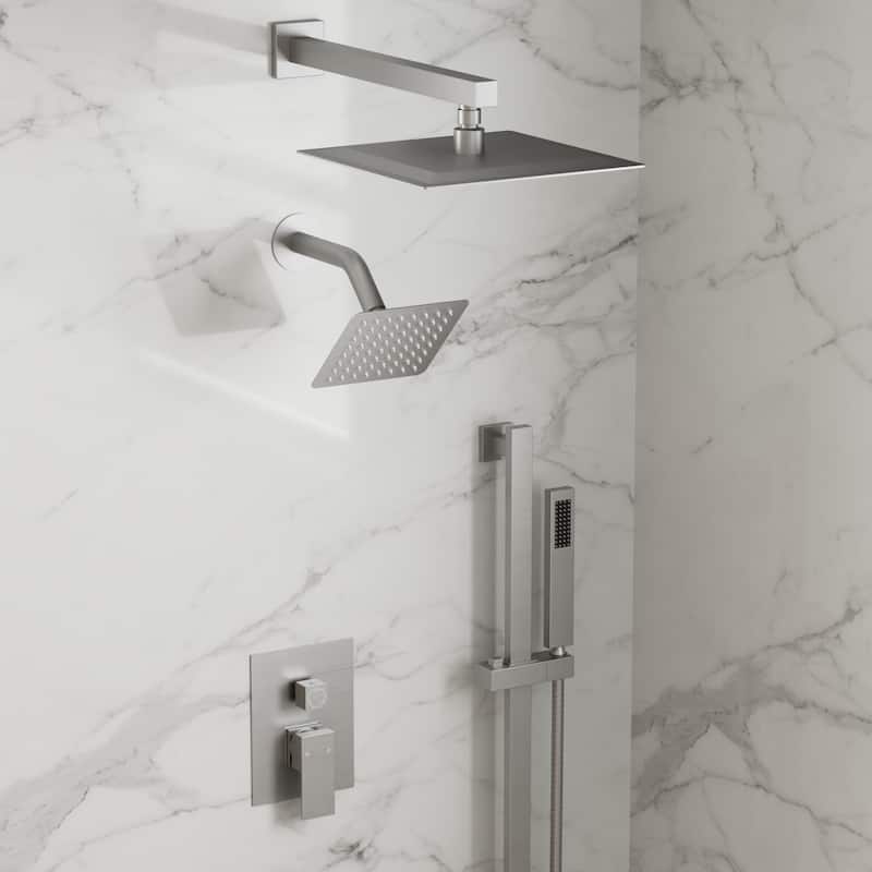 GRANDJOY Shower Faucet Set 10 and 6 inch Wall Mount Rainfall Dual Shower Heads with Handheld Shower Spray Combo High Pressure - Brushed Nickel