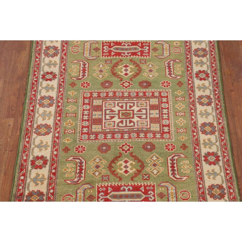 Light Green Geometric Kazak Accent Rug Handmade Wool Carpet - 3'4" x 4'7"