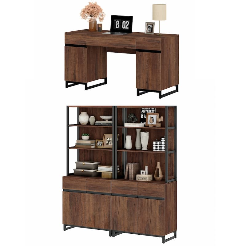 WAMPAT 59" Modern Executive Desk with Charging Station & Storage Cabinet + 72" Tall Bookcases.