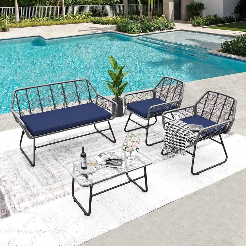 4-Piece Outdoor Rattan Sofa Set with Glass Table & Waterproof Cushions