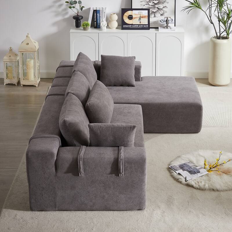 L Shaped Modular Sectional Sofa with Chaise Lounge, Oversized Chenille Upholstered Sofa, Deep Seat Sofa with 6 Pillows - Grey
