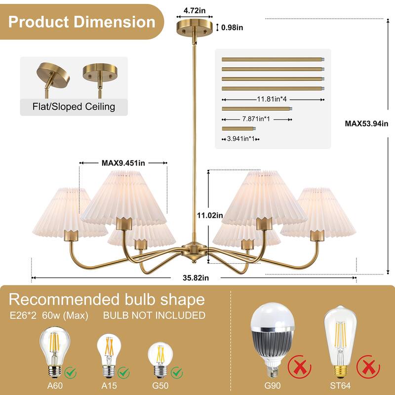 Starsky 6-Light Chandelier with Pleated Fabric Shades Handmade Black & Gold for Dining Room, Kitchen, Living Room and Foyer