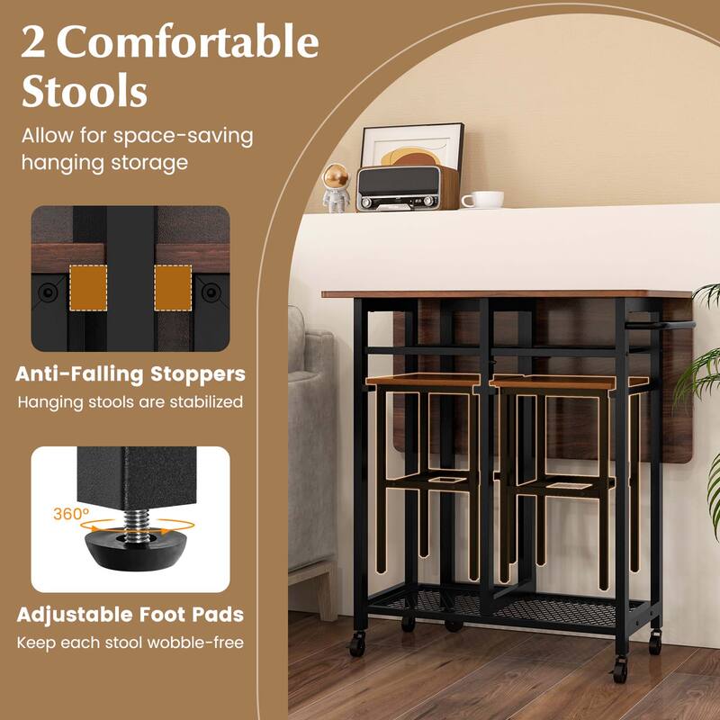 Costway 3 PCS Rolling Dining Table Set Extendable Kitchen Table 2