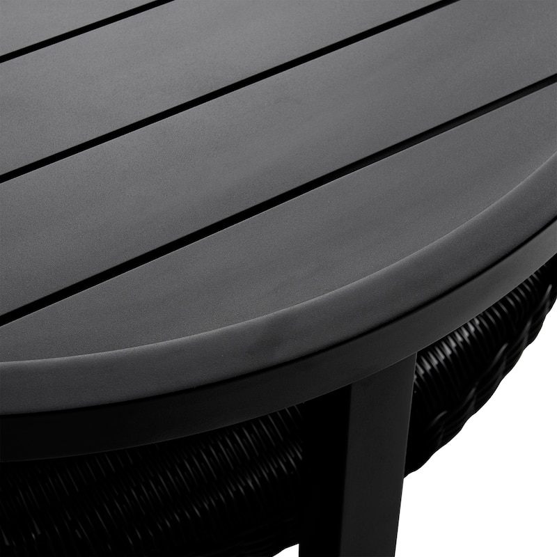 Grand Black Aluminum Slat Top Round Outdoor Coffee Table with Wicker Shelf