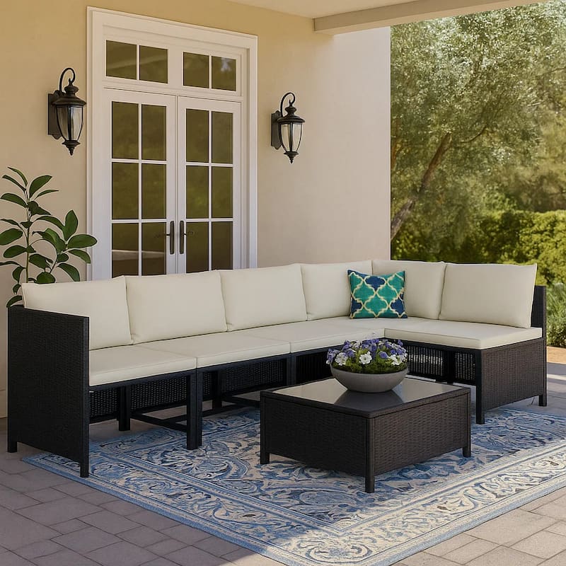 Reno Outdoor 4 Piece Modular Sofa Set, Ivory Cushions, Black Rattan