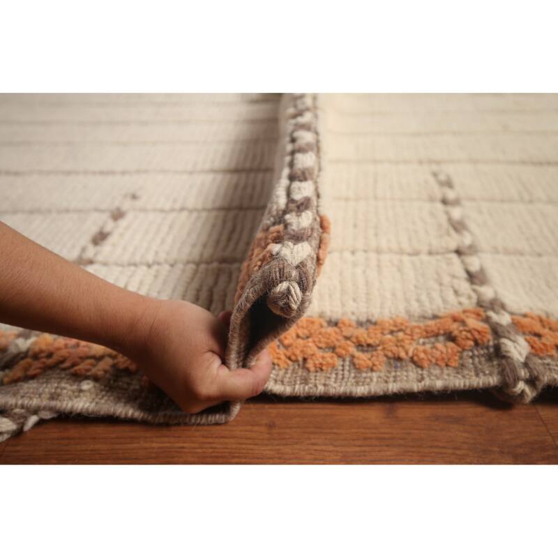 Striped Ivory Moroccan Palace Size Large Rug Hand-Knotted Wool Carpet - 14'2"x 21'6"