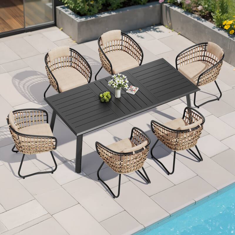 7/9/11-Piece Set Outdoor Aluminum Dining Table with Umbrella Hole and PE Rattan Chairs - Beige - Set of 7