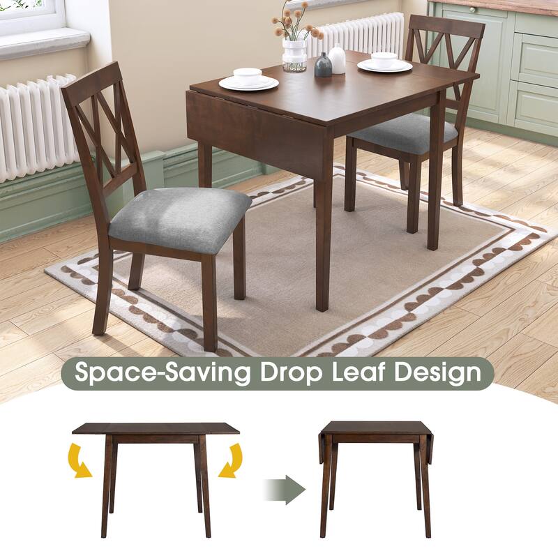 Roomfitters 3 Piece Drop Leaf Dining Table Set, Kitchen Dining Set with Folding Table and 2 Upholstered Chairs