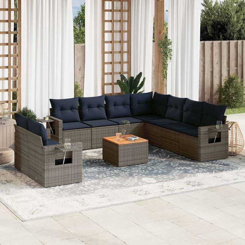 vidaXL 10 Piece Patio Sofa Set with Cushions Black Poly Rattan - 24.4" x 24.4" x 27.2" - Grey and blue