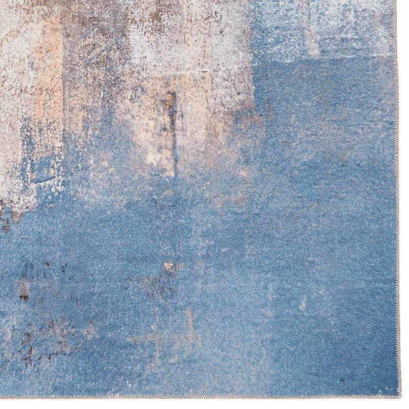Kyler Machine Washable Beige and Blue Watercolor Area Rug - 5' x 7'