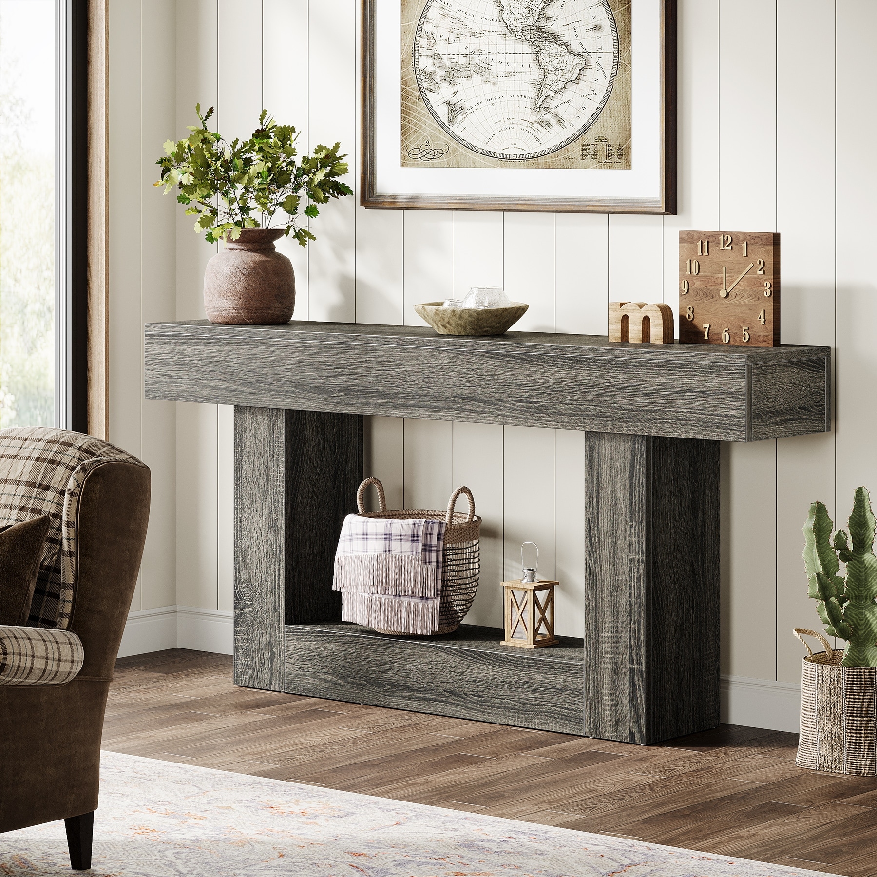 63 Inches Brown and Gray Narrow Long Wood Console Table for Entryway