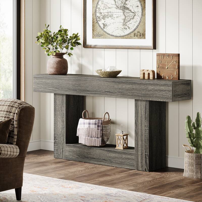 63 Inches Brown and Gray Narrow Long Wood Console Table for Entryway - Dark Grey