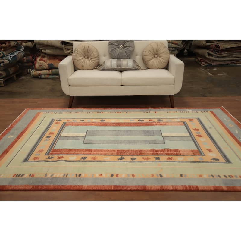 Hand Knotted Oriental 100% Wool Carpet Modern Geometric Multi-Colored Gabbeh Area Rug - 8' 10'' X 6' 0''