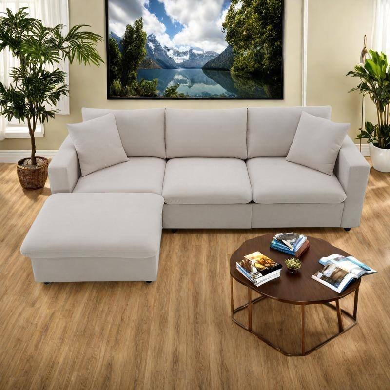 100.4" L-Shaped Polyester Sectional Sofa with 4-Seat Convertible Couch and Ottoman & Pocket Spring Cushions (300lb Capacity) - Beige