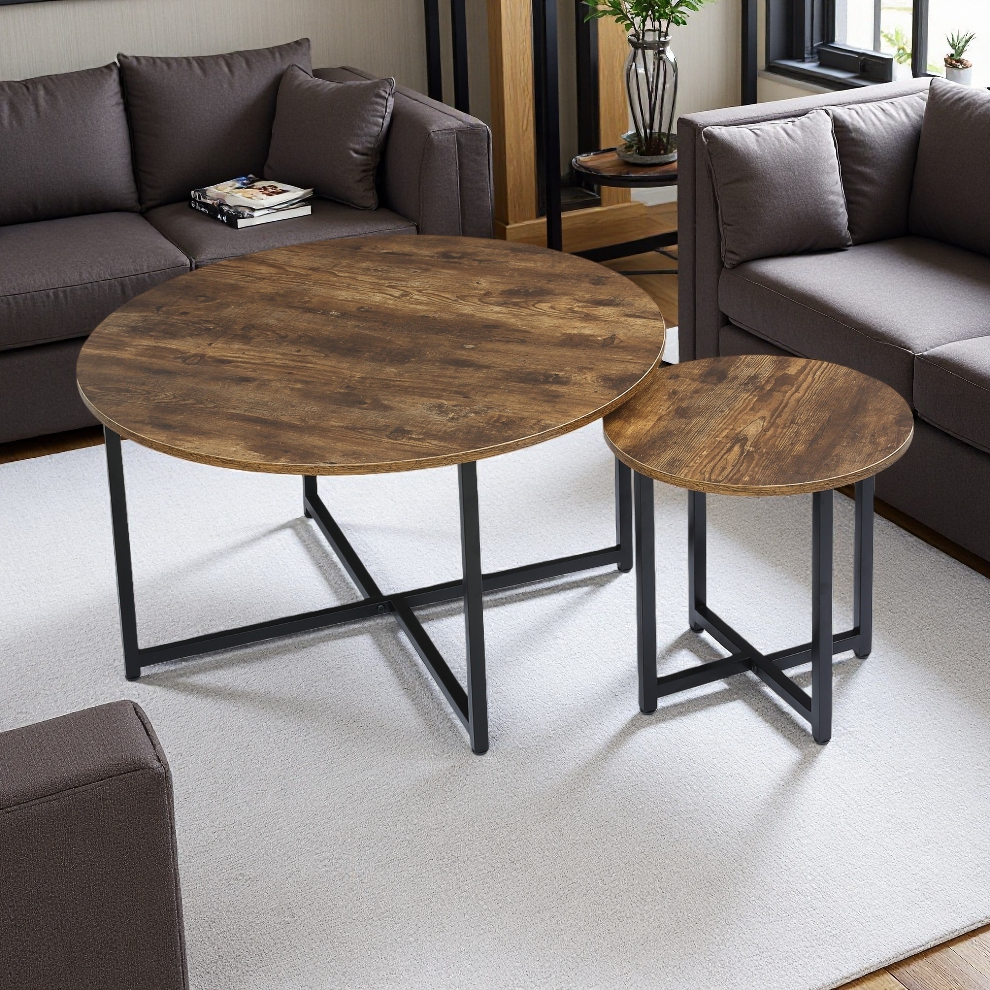 31.5" Metal Frame Nesting Round Coffee Table Set of 2 with Adjustable Feet for Living Room