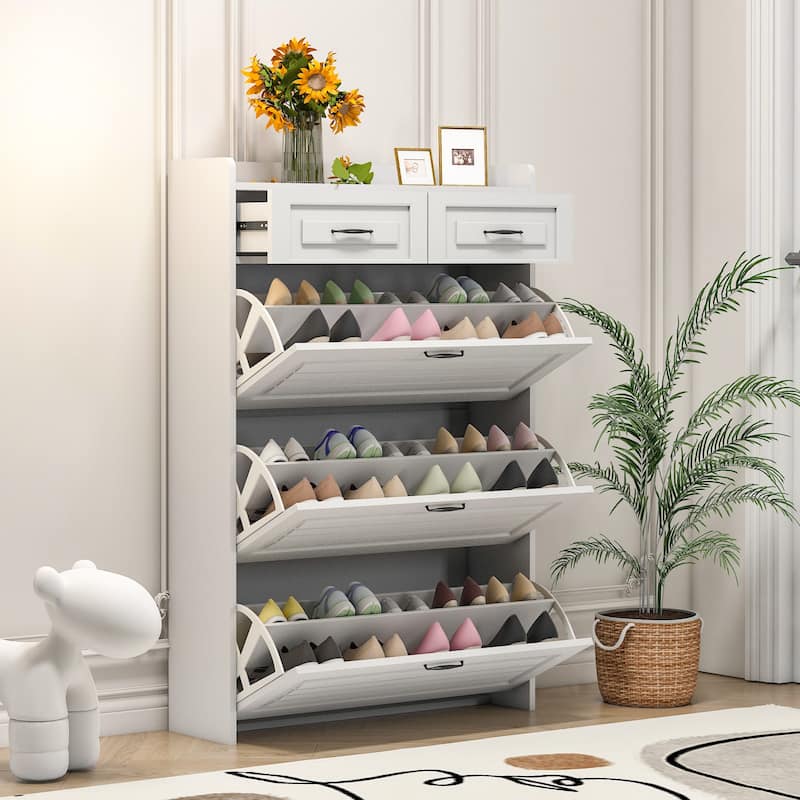 24-Pair White Wood Foldable Shoe Storage Cabinet with 3-Doors 2-Drawers Shoe Rack Organizer,31.5 in. W x 47 in. H
