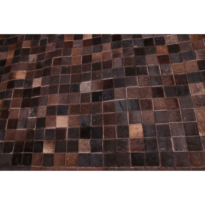 ECARPETGALLERY Handmade Cowhide Patchwork Dark Brown Leather Rug - 5'1 x 8'0