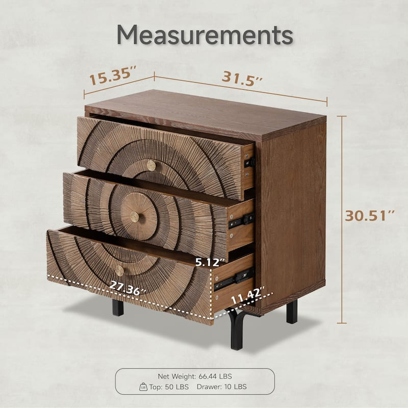 COZAYH Farmhouse Nightstand, Accent Wooden Storage with Circle Pattern and Radioactive Wood Lines, Mid-century Dresser