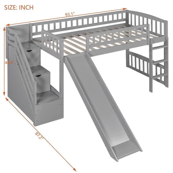 Twin Size Loft Bed with Two Drawers, Stairway and Slide