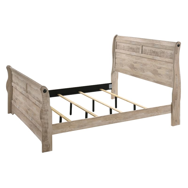 Roundhill Furniture Imerland Contemporary White Wash Finish Bedroom Set with Sleigh Bed, Dresser, Mirror, Two Nightstands, Chest