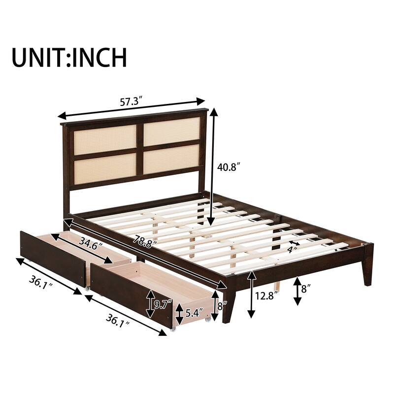 Roomfitters Full Rubber Wood Bed with Rattan Headboard, Underbed Storage Design, Reinforced Slats and Support Feet