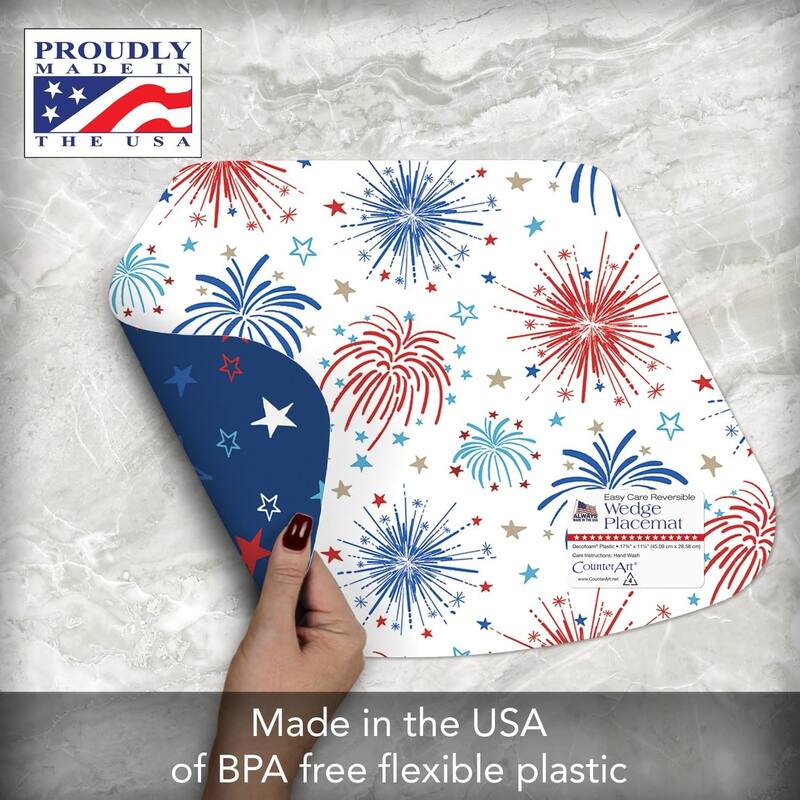 Star Spangled Wedge Shaped Reversible Flexible Plastic Placemat 4 Pack Made in The USA 17.75" x 11.25" Colorful, Wipes Clean