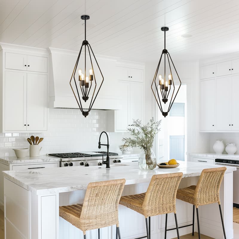 Modern Black 4-Light 18" W Lantern Chandelier Geometric Kitchen Island Pendant Light - Dia.17.9"xH35.2"