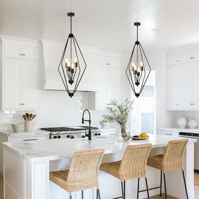Modern Black 4-Light 18" W Lantern Chandelier Geometric Kitchen Island Pendant Light - Dia.17.9"xH35.2"
