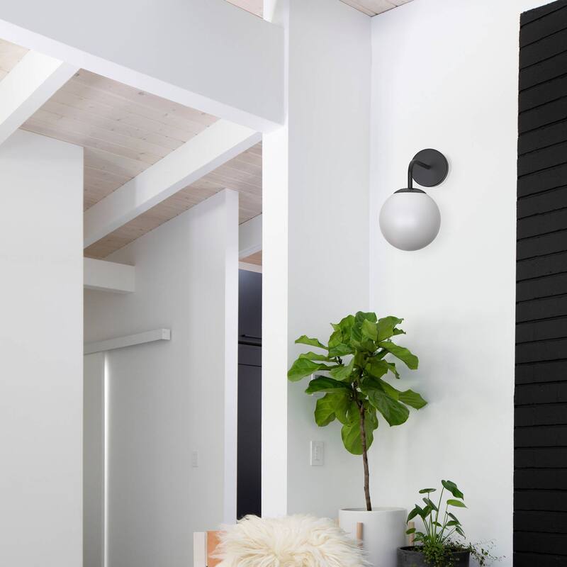 YANSUN 5.91 in. 1-Light Black Globe Iron Vintage Modern Indurarial Wall Sconce with Frosted Glass Shade - 11.02 in.