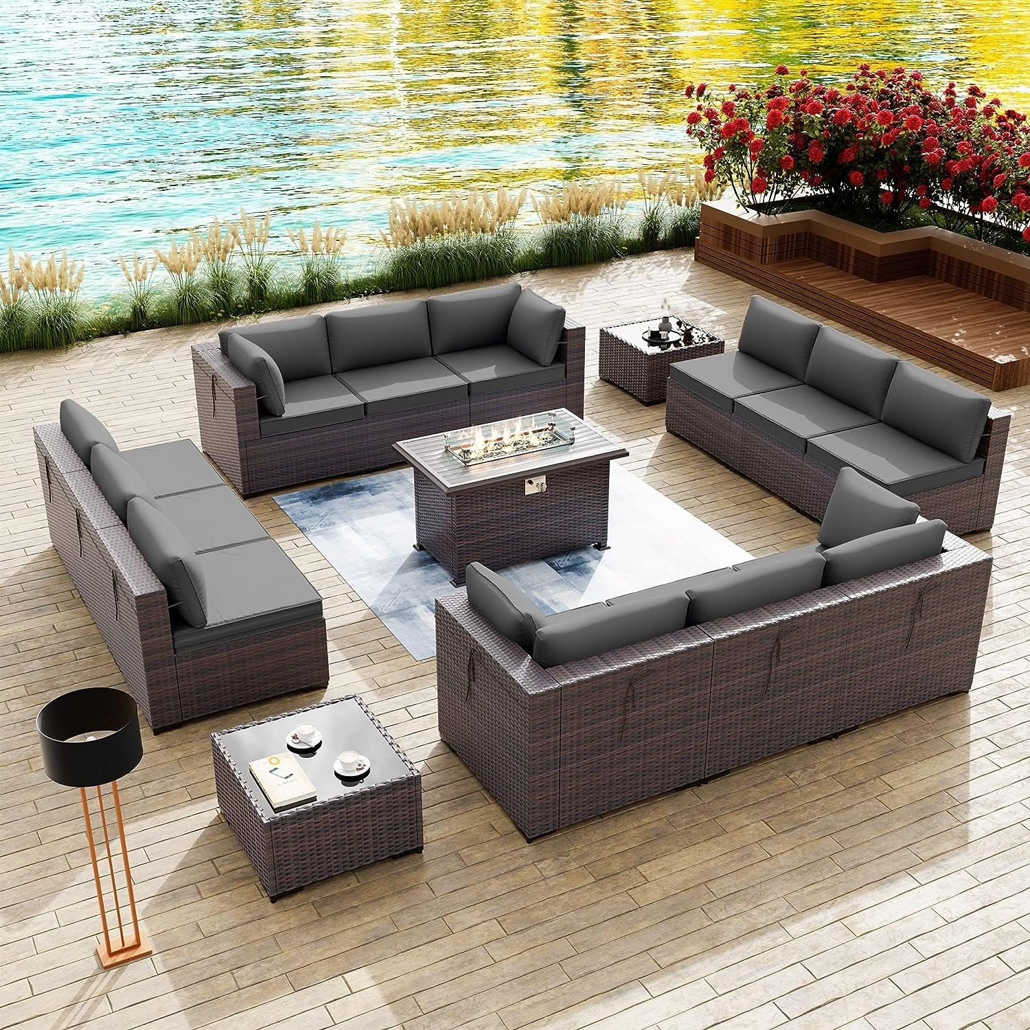 Kullavik 15 Pieces Outdoor Patio Furniture Set with 43 inch 55000BTU Gas Propane Fire Pit Table