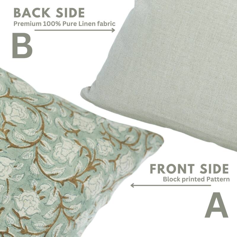 Fabdivine Handmade Block Print light Green Pure Linen Pillow Cover- Amritvela