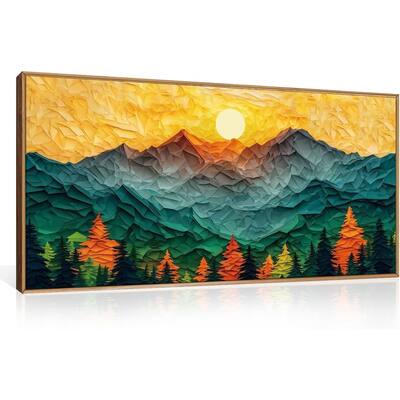 Forest Pine Tree Golden Sunset Wall Decor, Mixed Patchwork Landscape